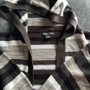 Mid-length neutral striped hooded cardigan